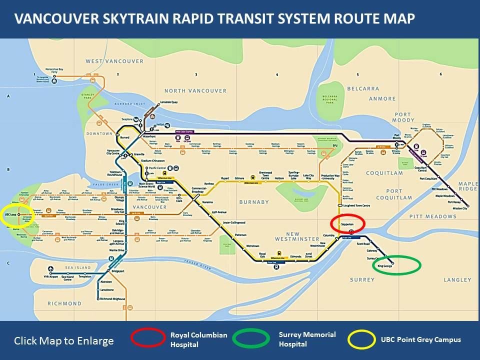 Mapa de bts (comboio elevado) de maple ridge para vancouver