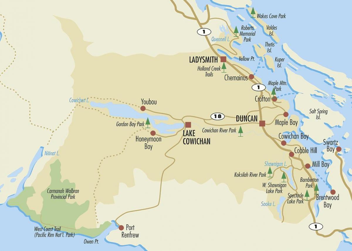 Mapa de duncan a ilha de vancouver 