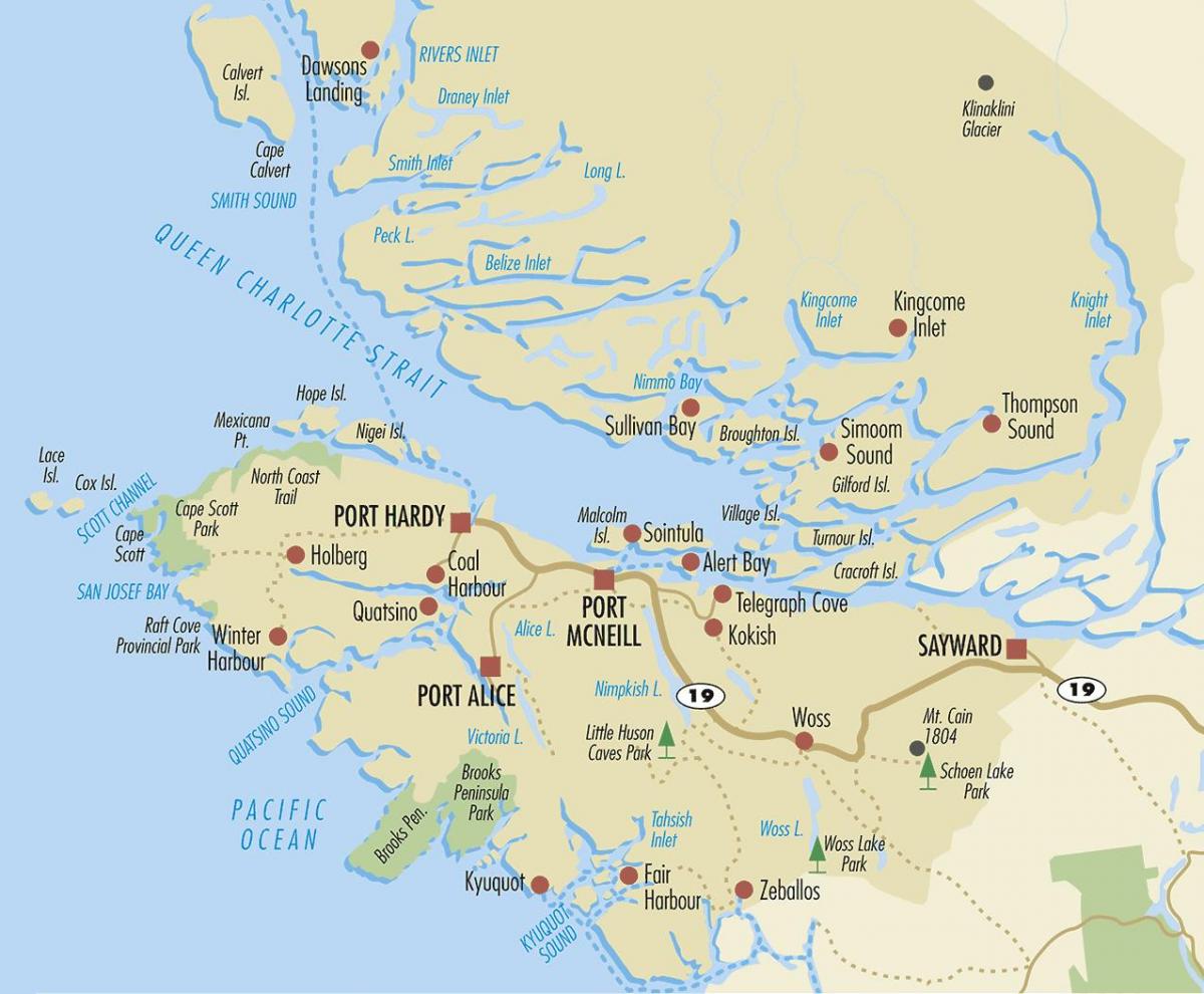 Mapa do norte da ilha de vancouver
