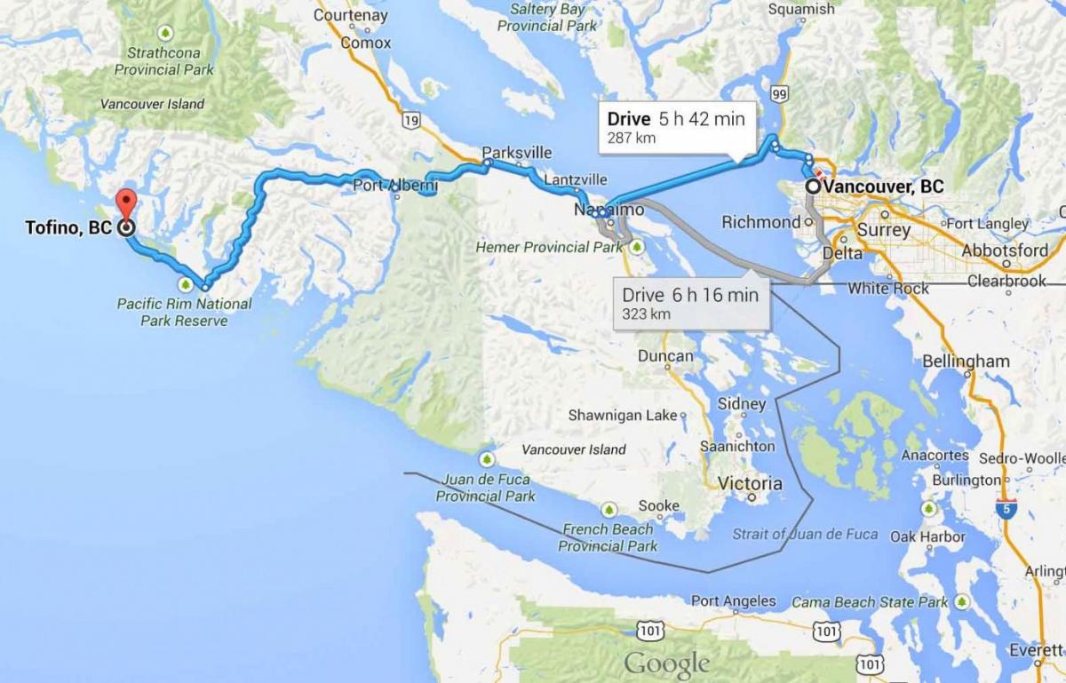 Mapa de tofino ilha de vancouver