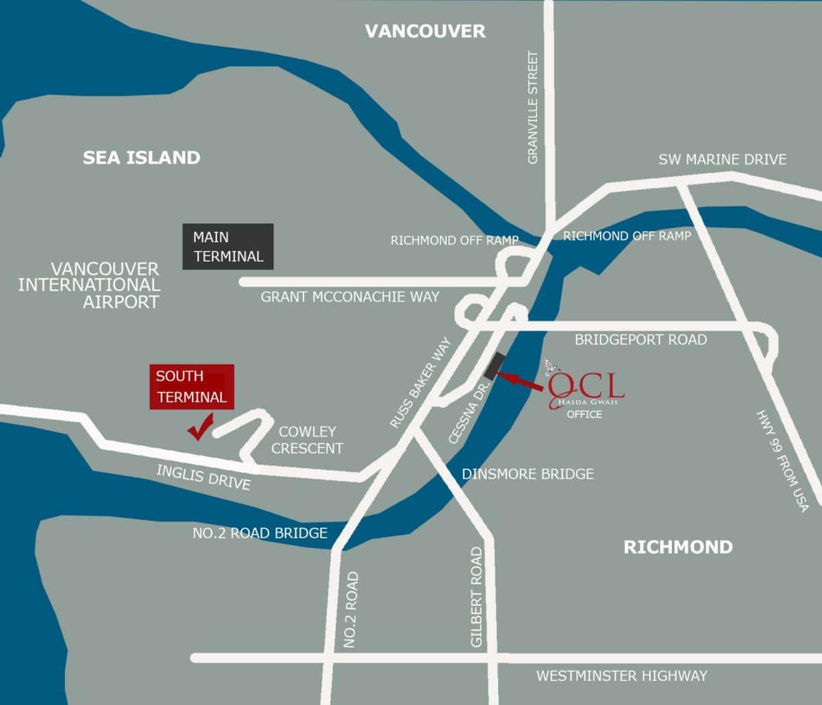 Mapa de localização do aeroporto de vancouver