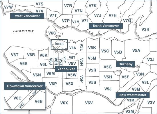 a ilha de vancouver códigos postais mapa