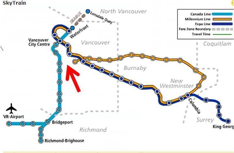Mapa de vancouver skytrain de sobreposição