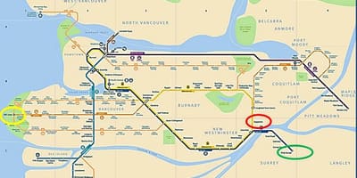 Mapa de bts (comboio elevado) de maple ridge para vancouver